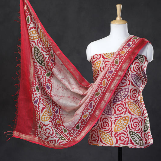 Pink - 2pc Hand Batik Printed Maheshwari Silk Handloom Suit Material Set