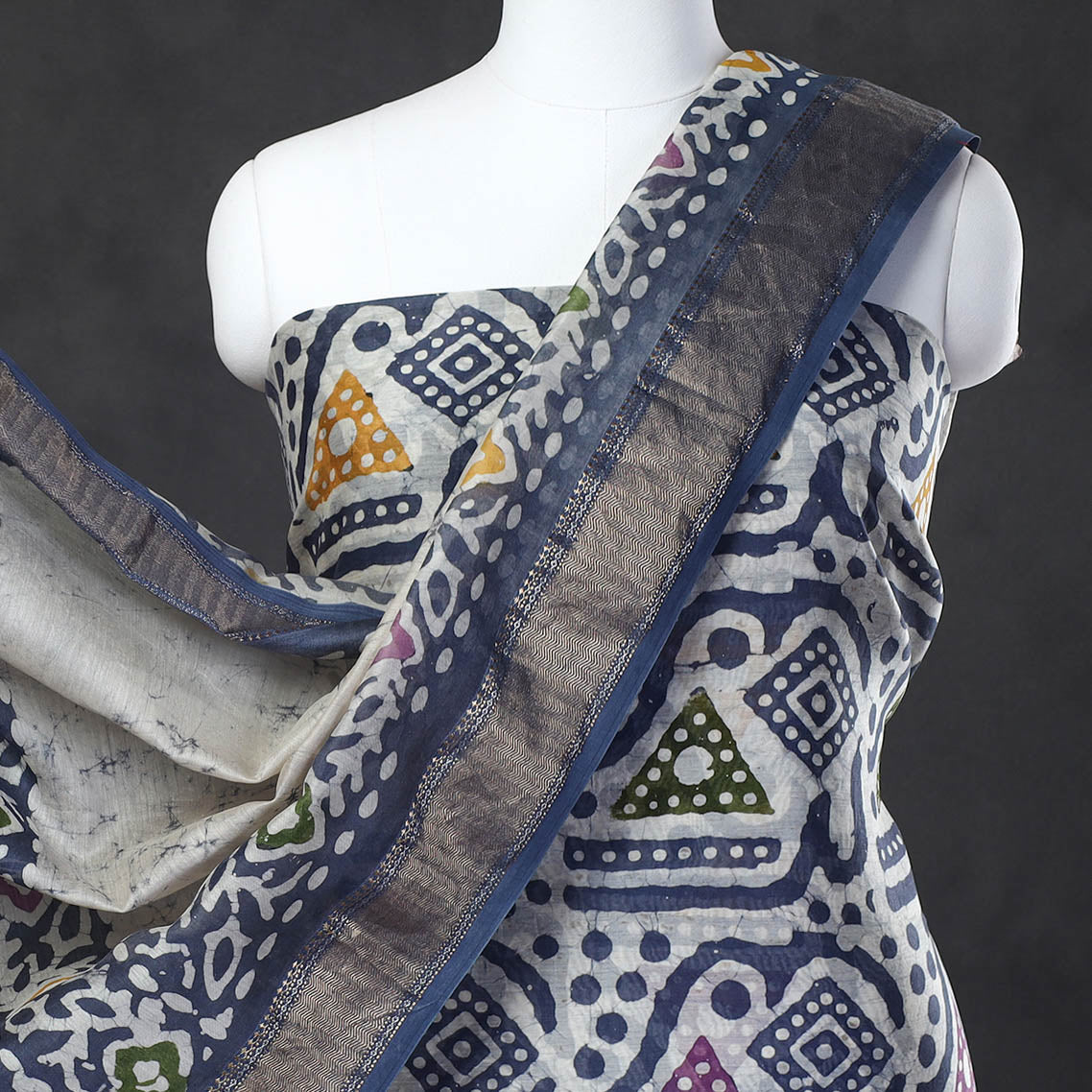 Blue - 2pc Hand Batik Printed Maheshwari Silk Handloom Suit Material Set