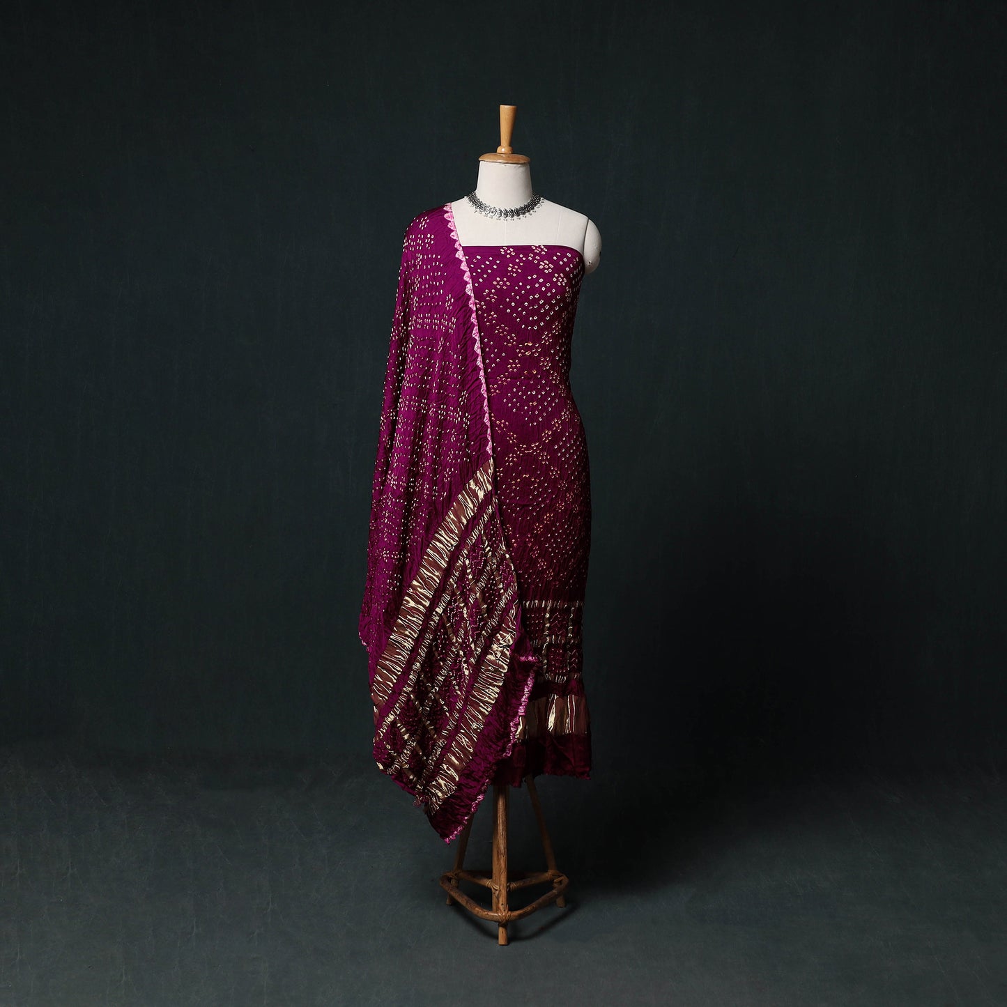 Kutch Bandhani Tie-Dye Modal Silk 3pc Unstitched Dress Material Suit Set 07