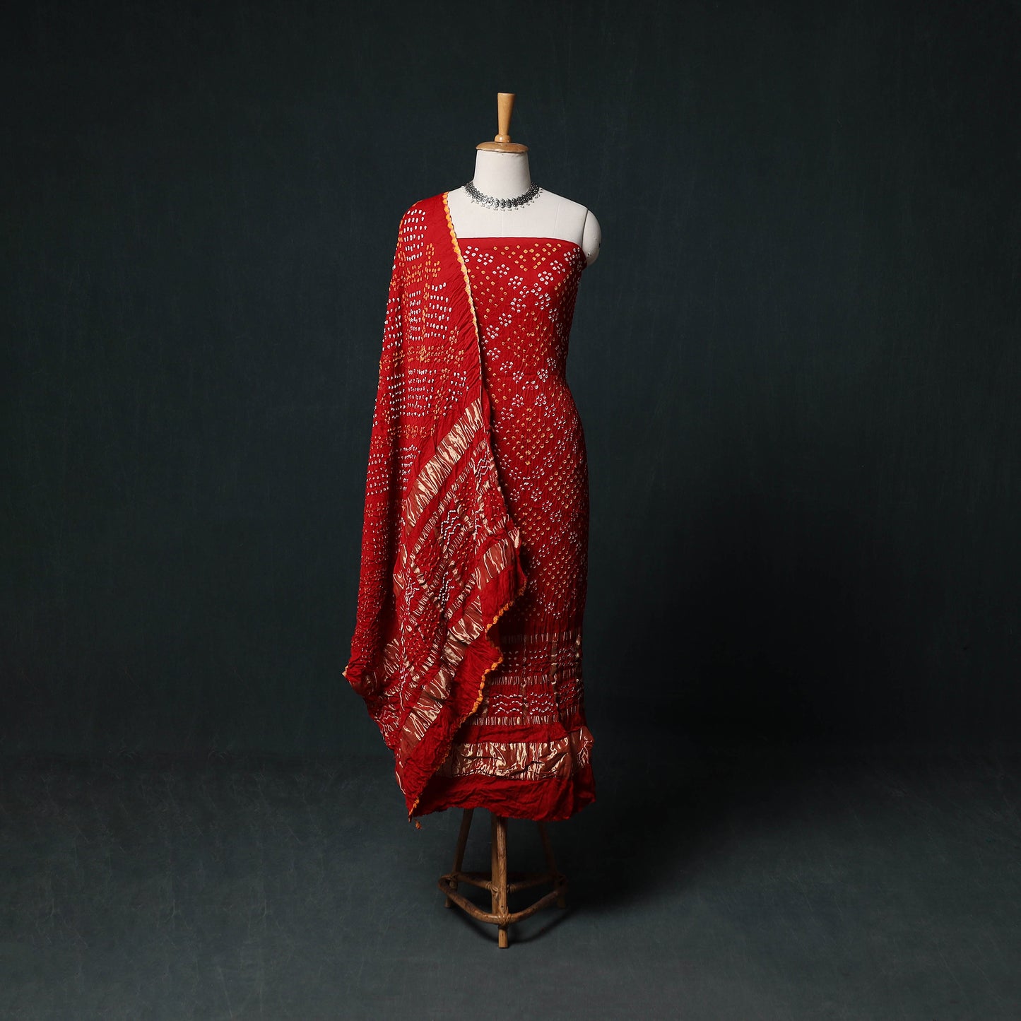 Kutch Bandhani Tie-Dye Modal Silk 3pc Unstitched Dress Material Suit Set 08