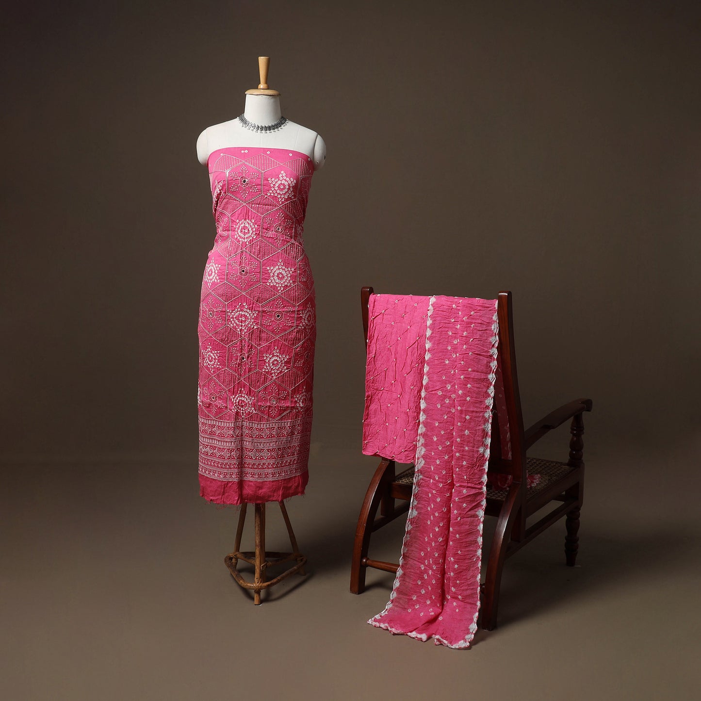 Kutch Bandhani Sequin & Mirror Work Satin Cotton Unstitched Dress Material: Kurta, Bottom & Dupatta 32