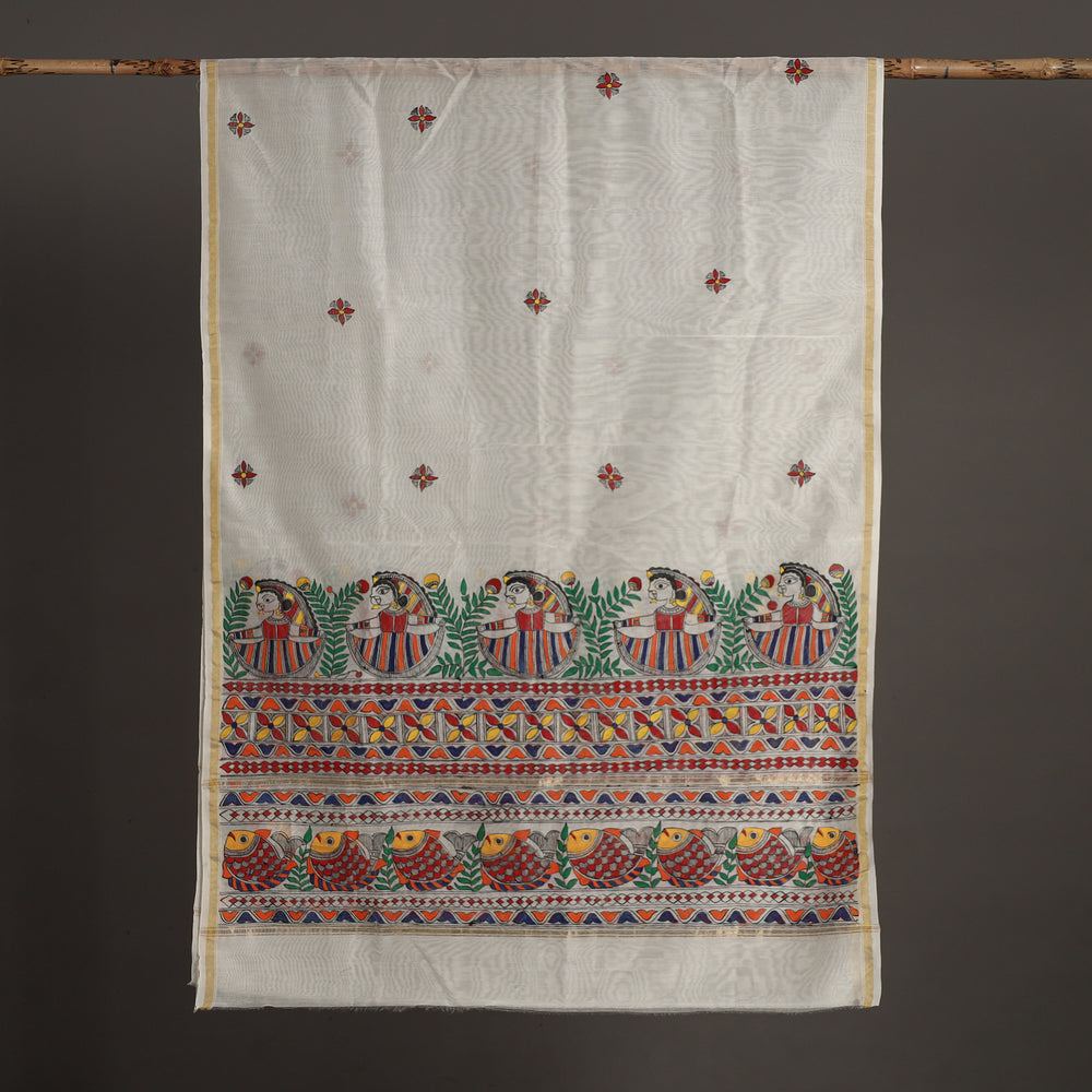 White - Madhubani Handpainted Chanderi Silk Handloom Dupatta 19