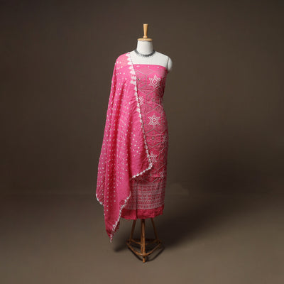 Kutch Bandhani Sequin & Mirror Work Satin Cotton Unstitched Dress Material: Kurta, Bottom & Dupatta 32