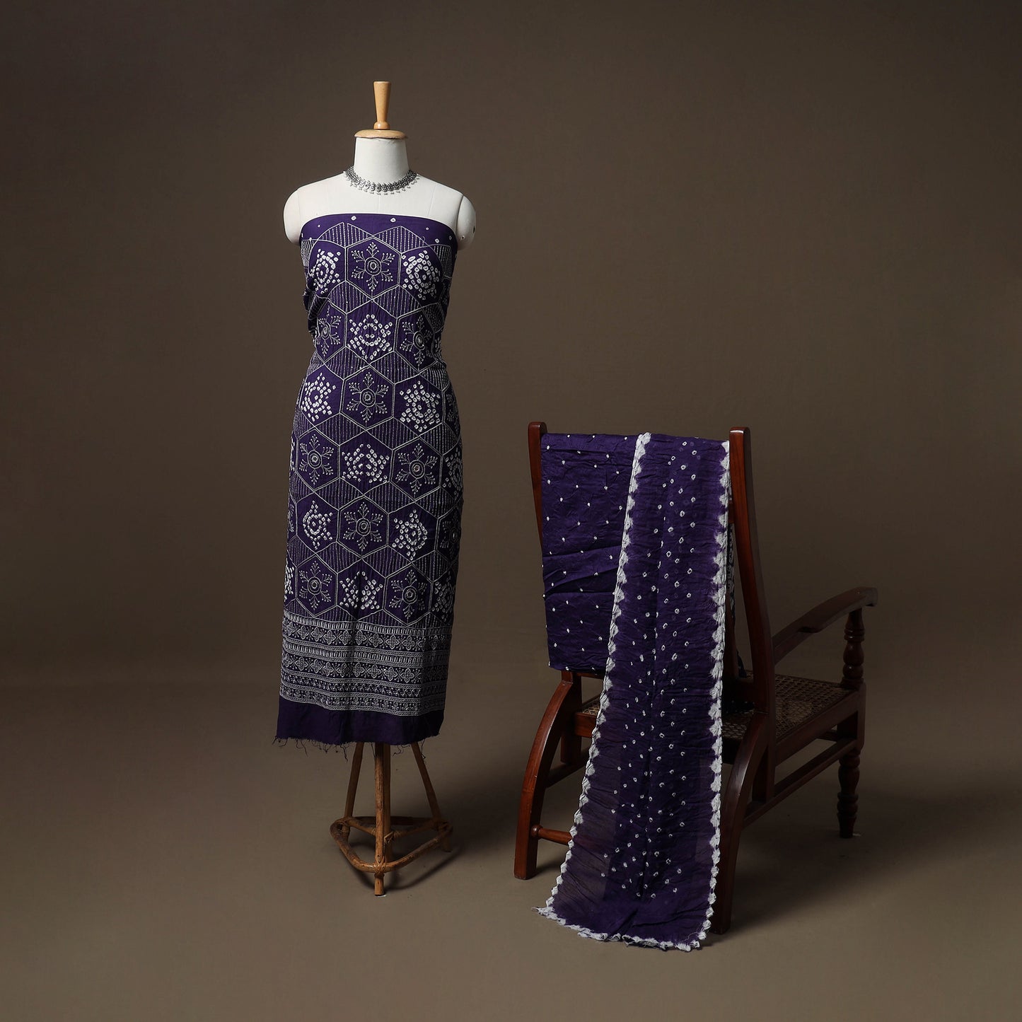 Kutch Bandhani Sequin & Mirror Work Satin Cotton Unstitched Dress Material: Kurta, Bottom & Dupatta 33