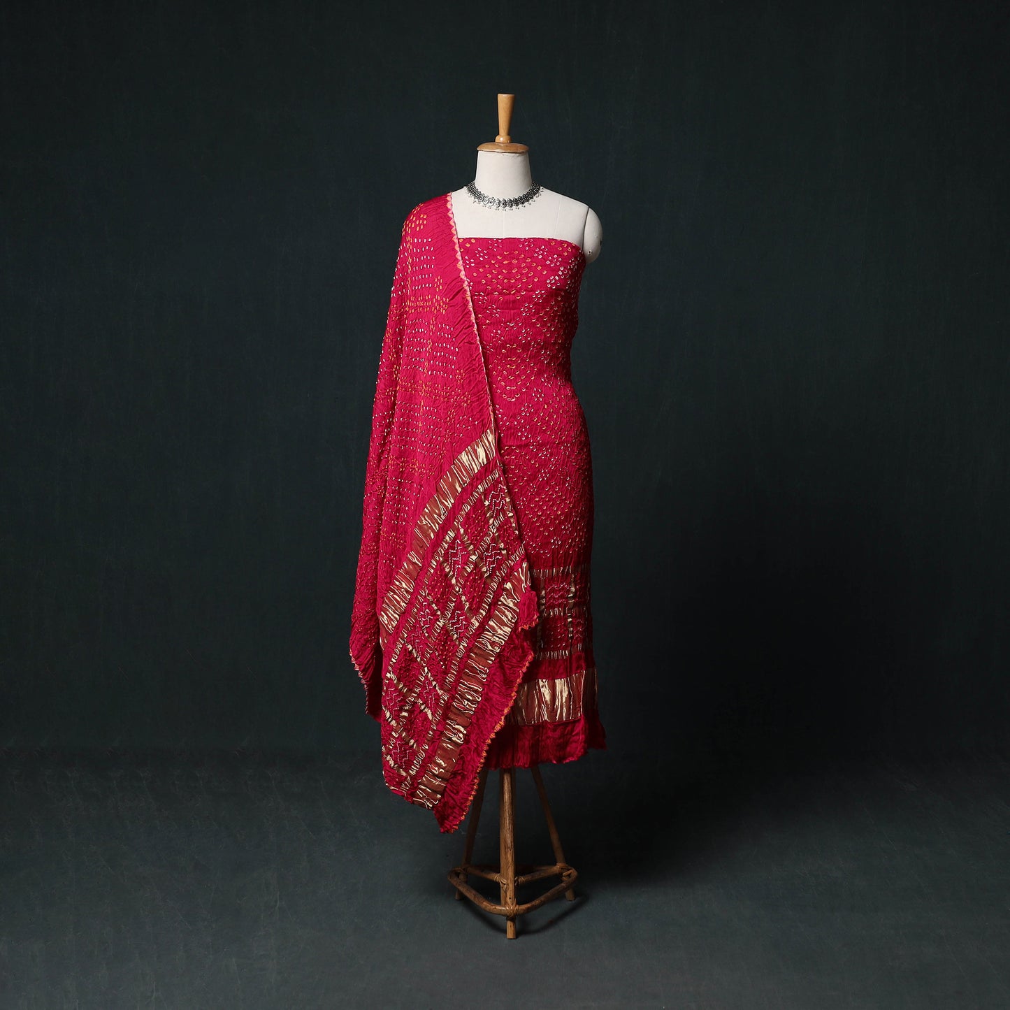 Kutch Bandhani Tie-Dye Modal Silk 3pc Unstitched Dress Material Suit Set 09