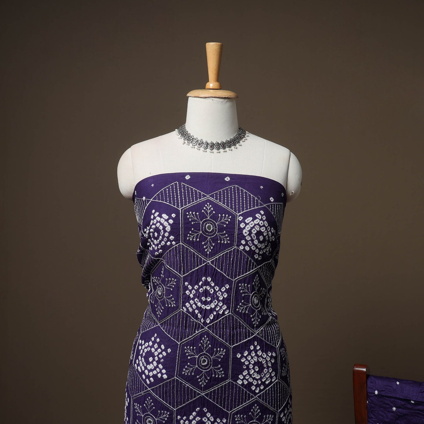 Kutch Bandhani Sequin & Mirror Work Satin Cotton Unstitched Dress Material: Kurta, Bottom & Dupatta 33