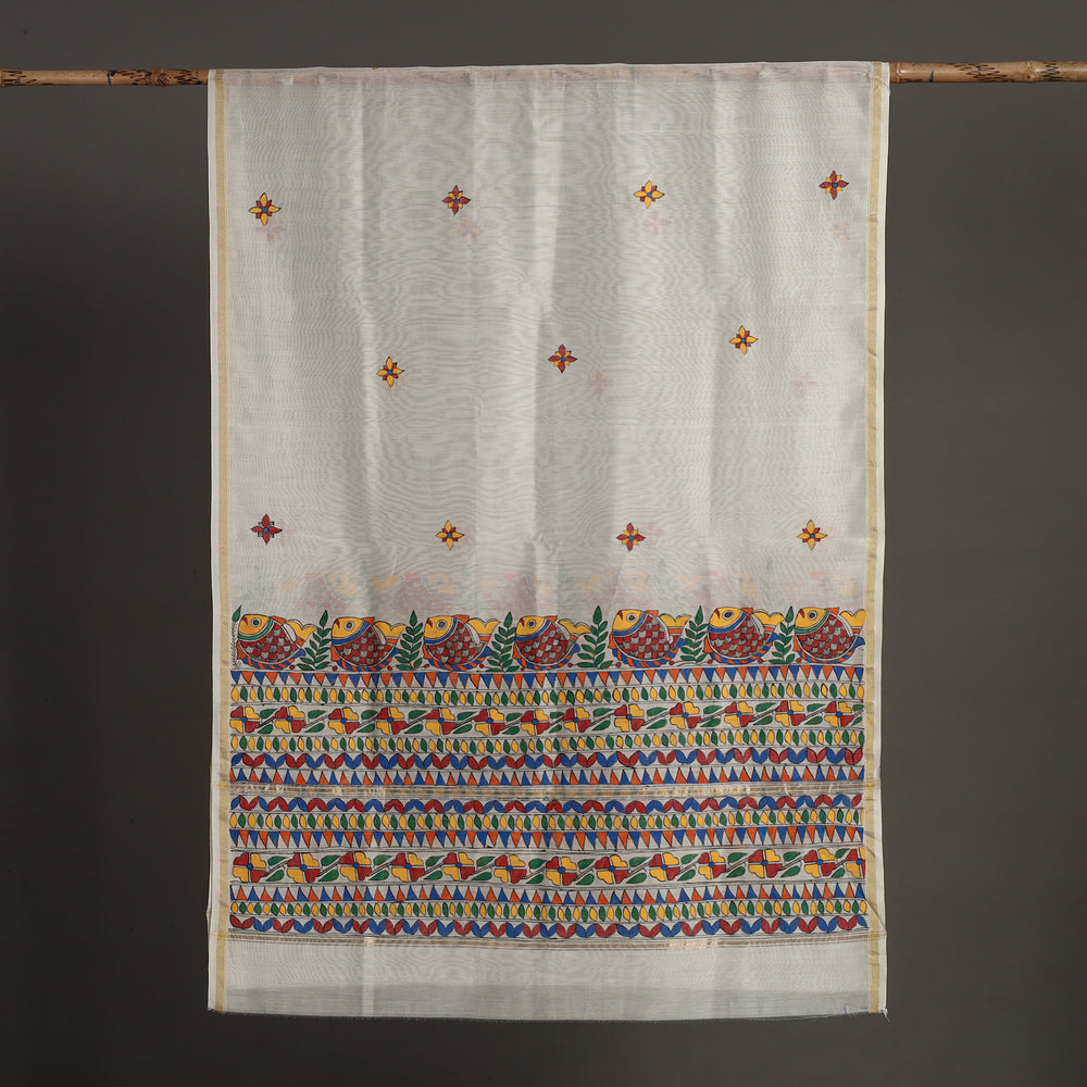 White - Madhubani Handpainted Chanderi Silk Handloom Dupatta 17