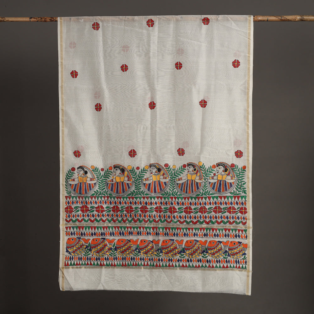 White - Madhubani Handpainted Chanderi Silk Handloom Dupatta 16