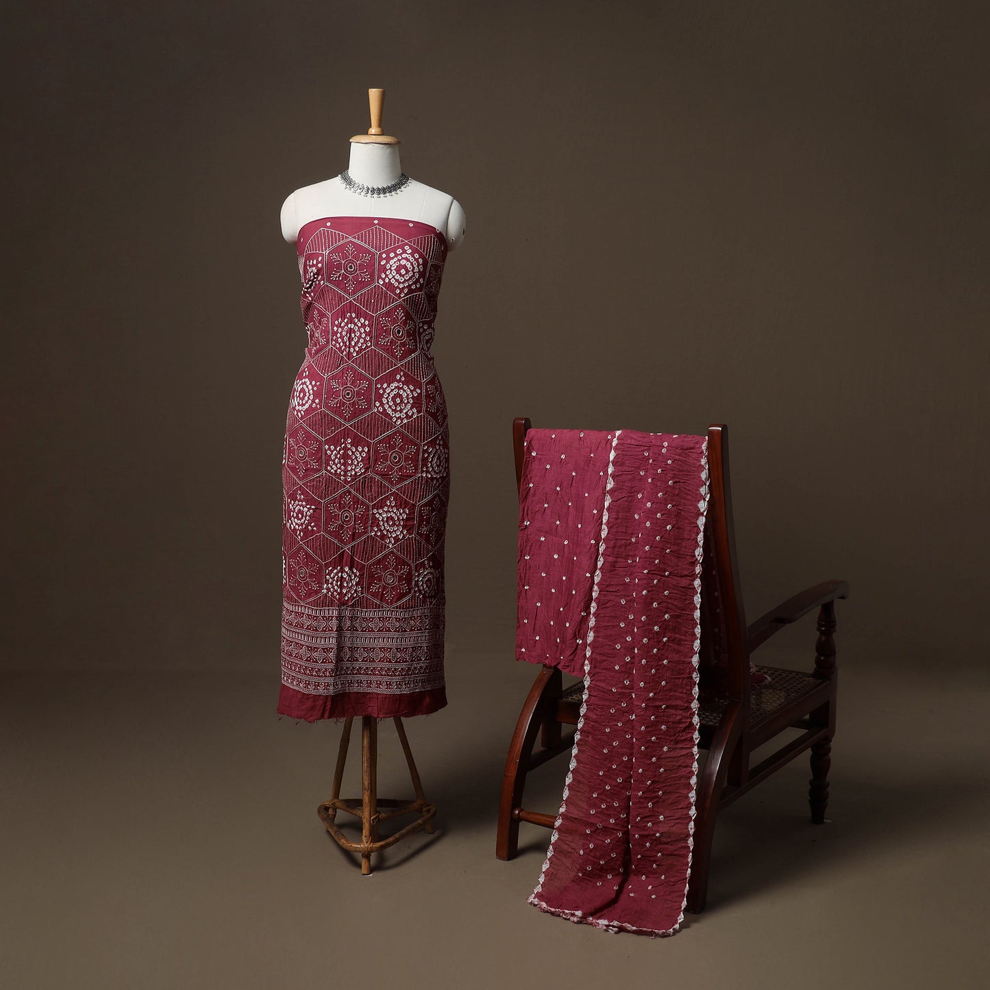 Kutch Bandhani Sequin & Mirror Work Satin Cotton Unstitched Dress Material: Kurta, Bottom & Dupatta 34