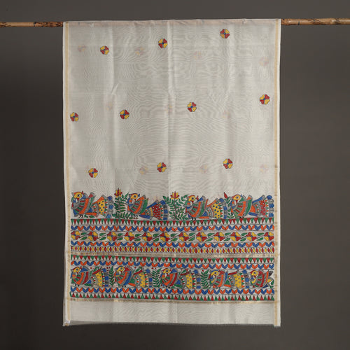 White - Madhubani Handpainted Chanderi Silk Handloom Dupatta 13