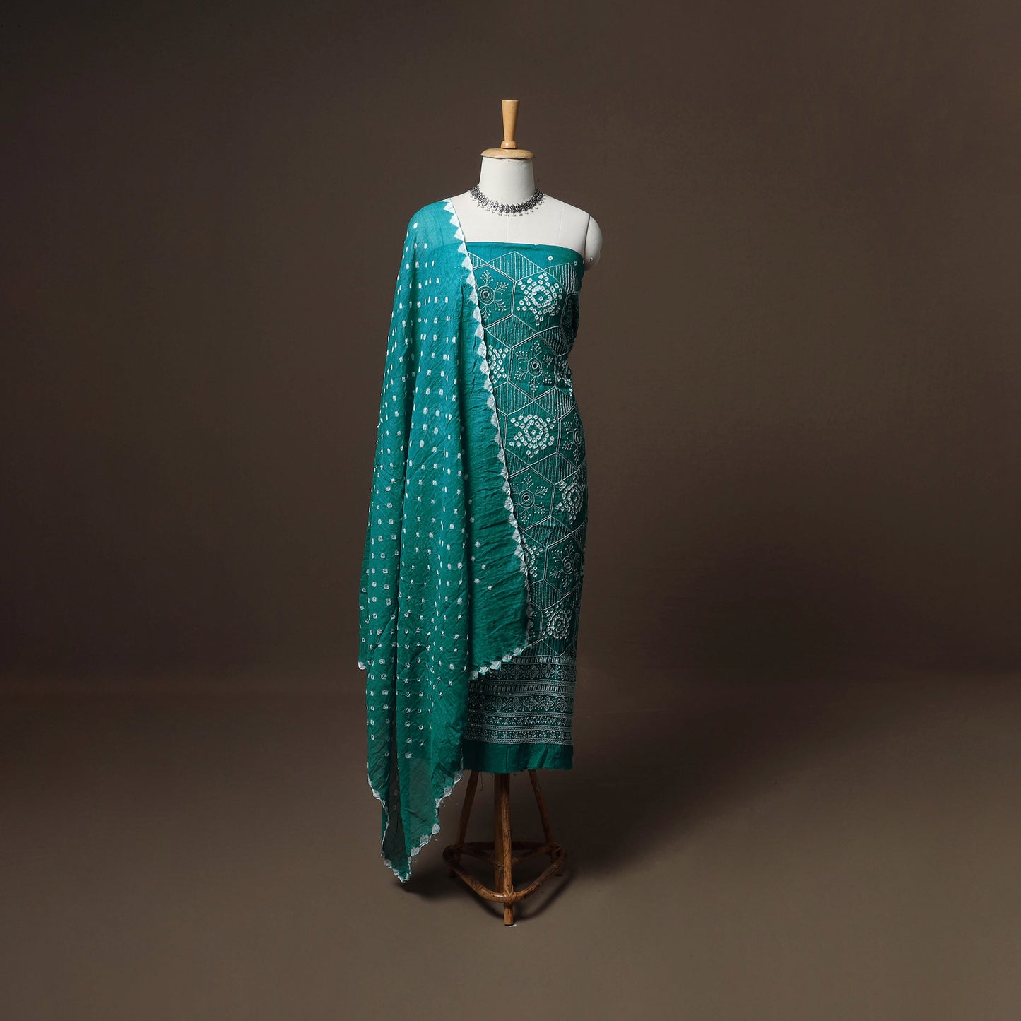 Kutch Bandhani Sequin & Mirror Work Satin Cotton Unstitched Dress Material: Kurta, Bottom & Dupatta 35