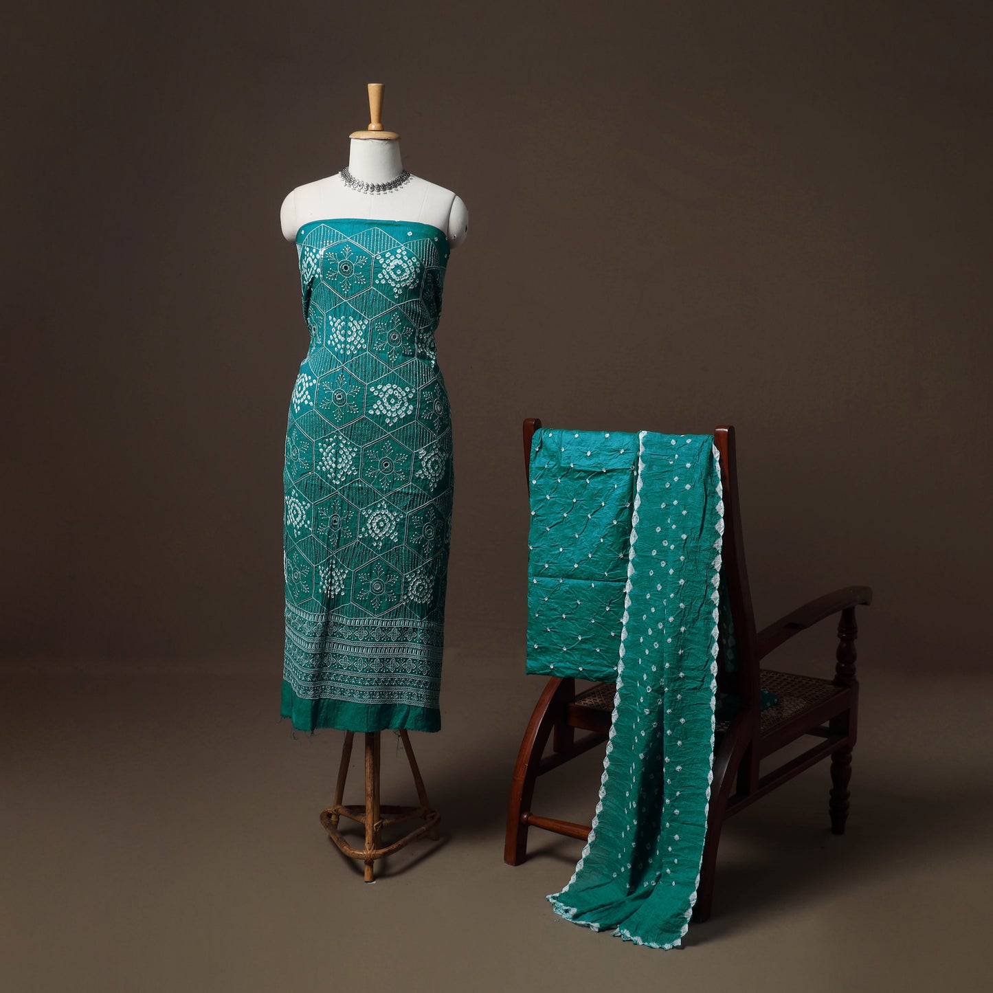 Kutch Bandhani Sequin & Mirror Work Satin Cotton Unstitched Dress Material: Kurta, Bottom & Dupatta 35