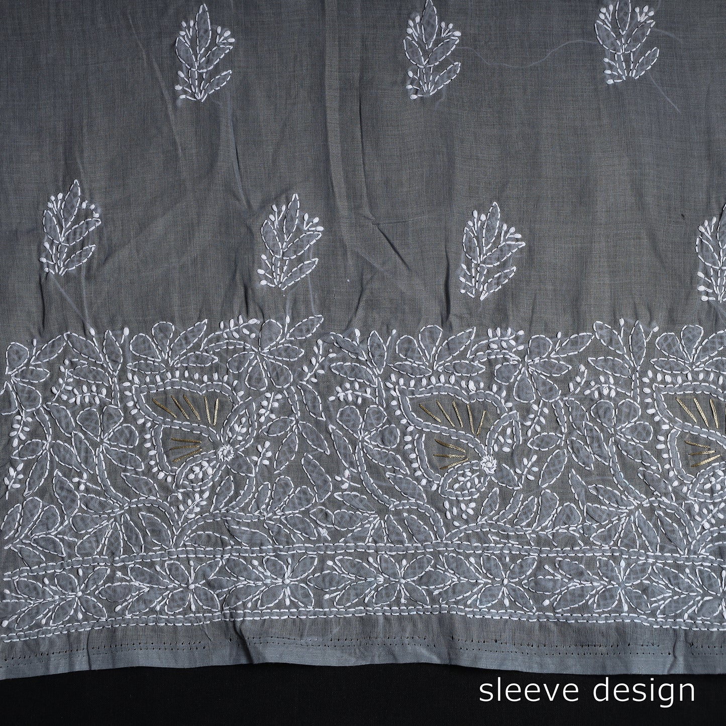 Grey - Lucknow Chikankari with Parsi Style Embroidered Cotton Kurta Material - 3 Meter