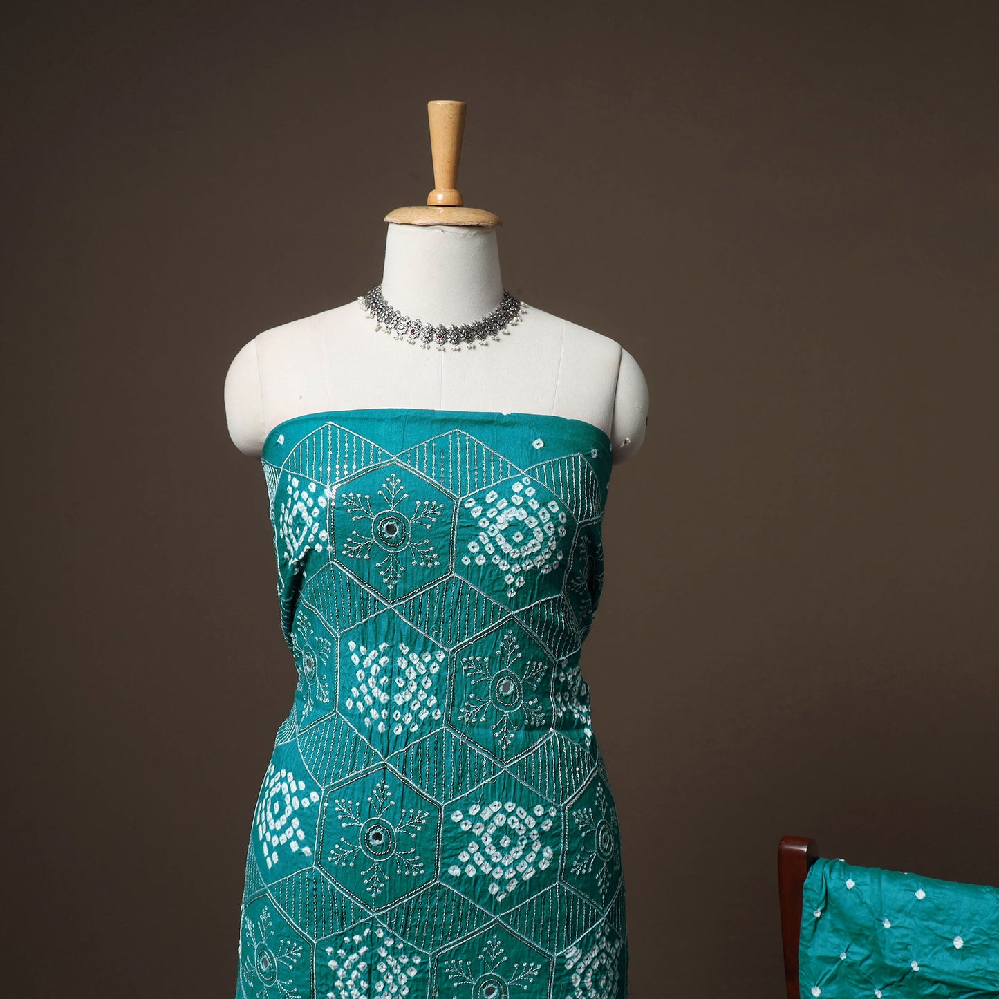 Kutch Bandhani Sequin & Mirror Work Satin Cotton Unstitched Dress Material: Kurta, Bottom & Dupatta 35
