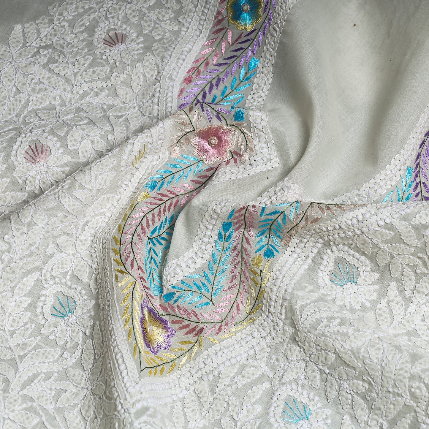 White - Lucknow Chikankari with Parsi Style Embroidered Cotton Kurta Material - 2.95 Meter