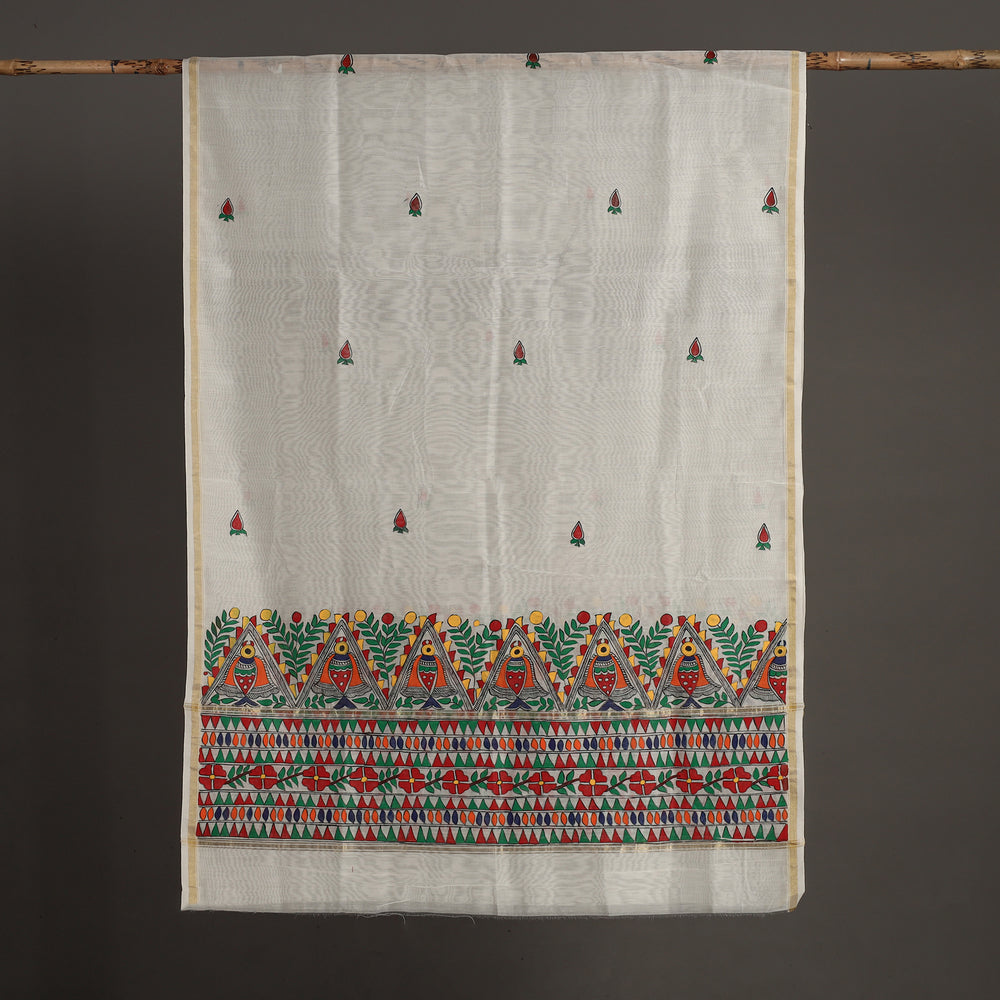 White - Madhubani Handpainted Chanderi Silk Handloom Dupatta 12