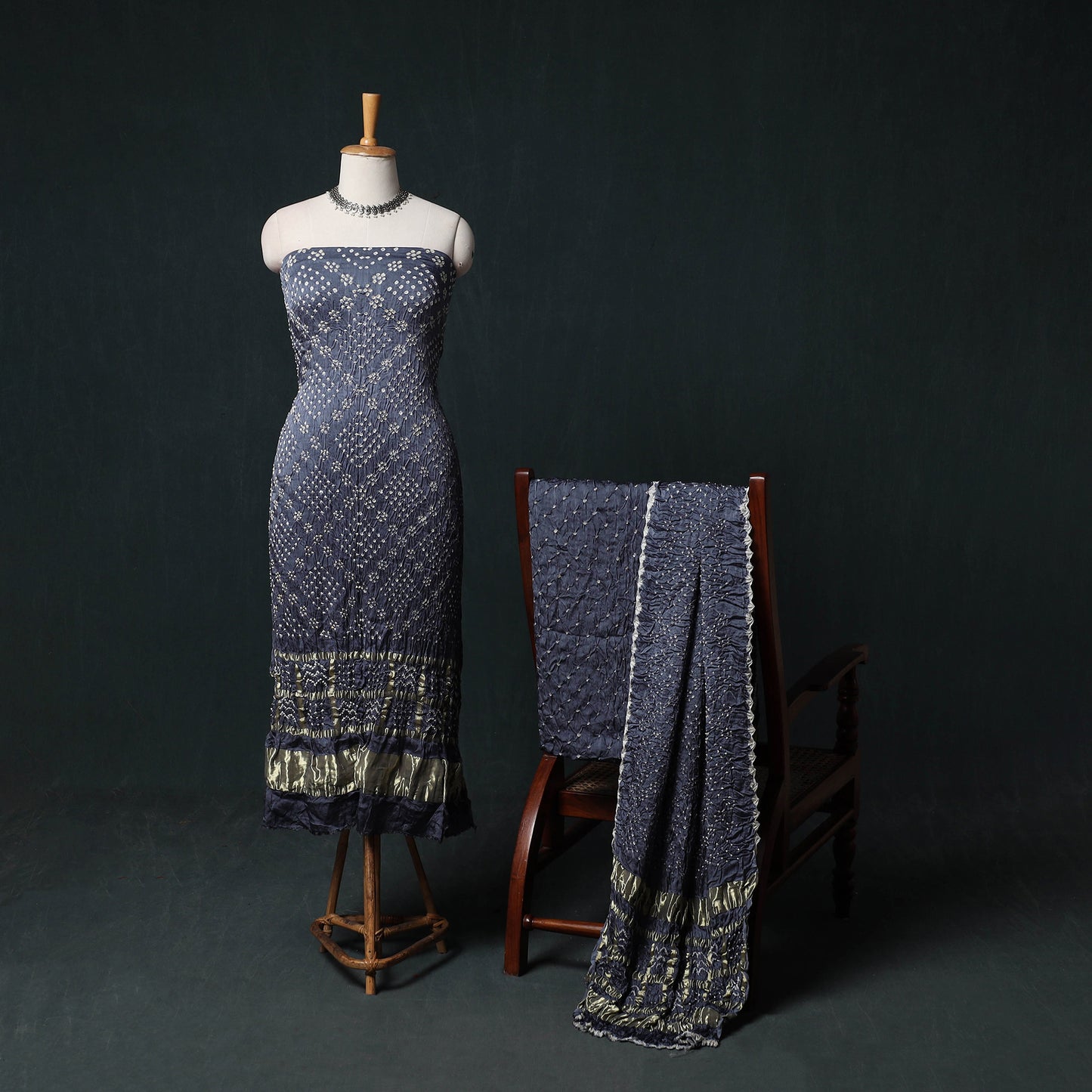Kutch Bandhani Tie-Dye Modal Silk 3pc Unstitched Dress Material Suit Set 12
