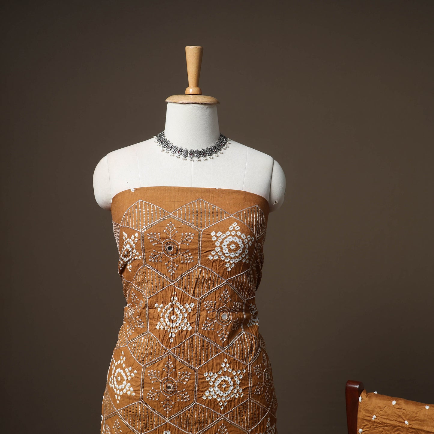 Kutch Bandhani Sequin & Mirror Work Satin Cotton Unstitched Dress Material: Kurta, Bottom & Dupatta 36
