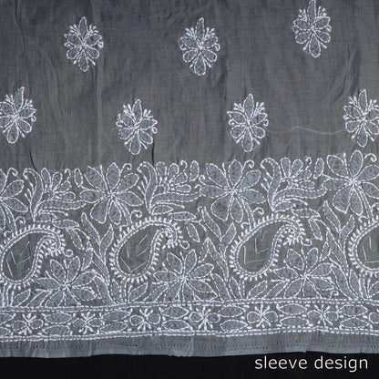 Grey - Lucknow Chikankari with Parsi Style Embroidered Cotton Kurta Material - 2.95 Meter