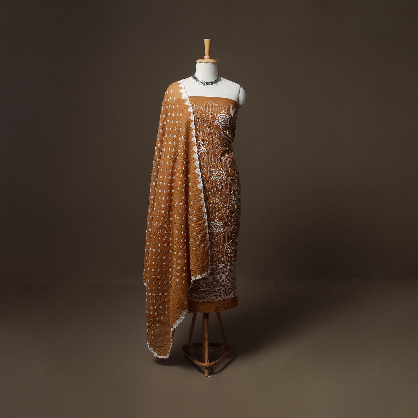 Kutch Bandhani Sequin & Mirror Work Satin Cotton Unstitched Dress Material: Kurta, Bottom & Dupatta 36