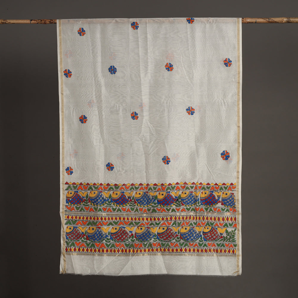 White - Madhubani Handpainted Chanderi Silk Handloom Dupatta 09