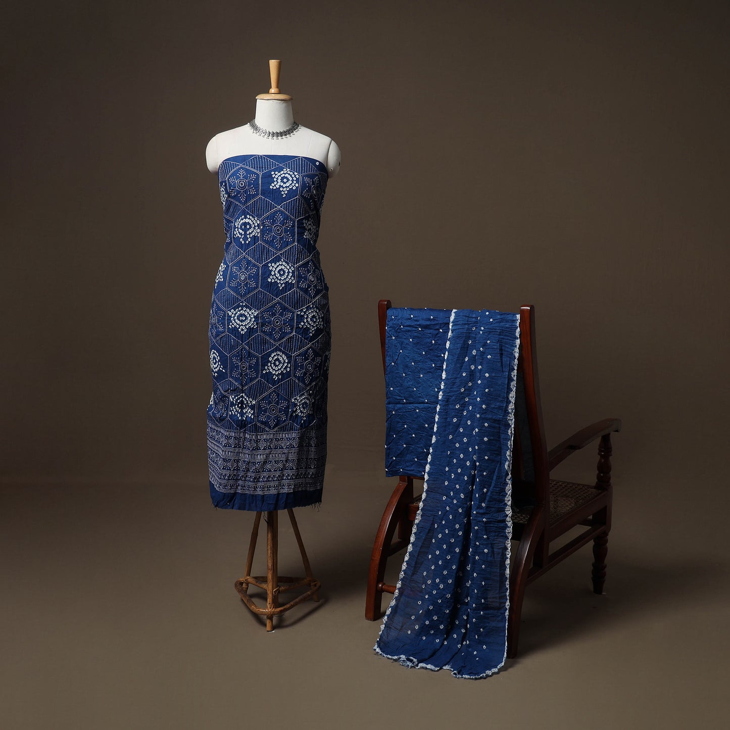 Kutch Bandhani Sequin & Mirror Work Satin Cotton Unstitched Dress Material: Kurta, Bottom & Dupatta 37