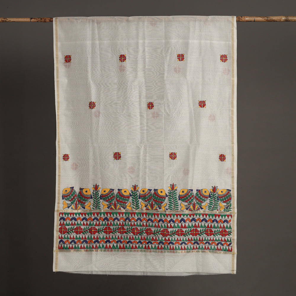 White - Madhubani Handpainted Chanderi Silk Handloom Dupatta 08