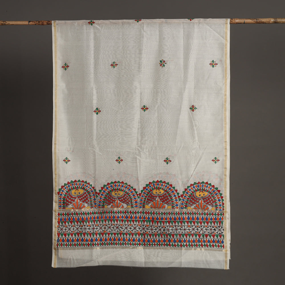 White - Madhubani Handpainted Chanderi Silk Handloom Dupatta 07