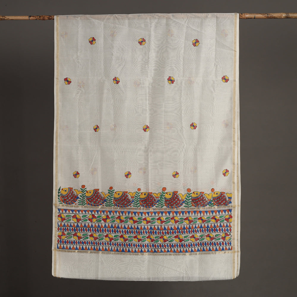 White - Madhubani Handpainted Chanderi Silk Handloom Dupatta 05