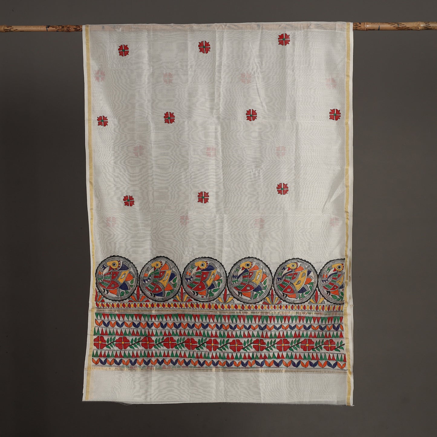 Multicolor - White - Madhubani Handpainted Chanderi Silk Handloom Dupatta 04