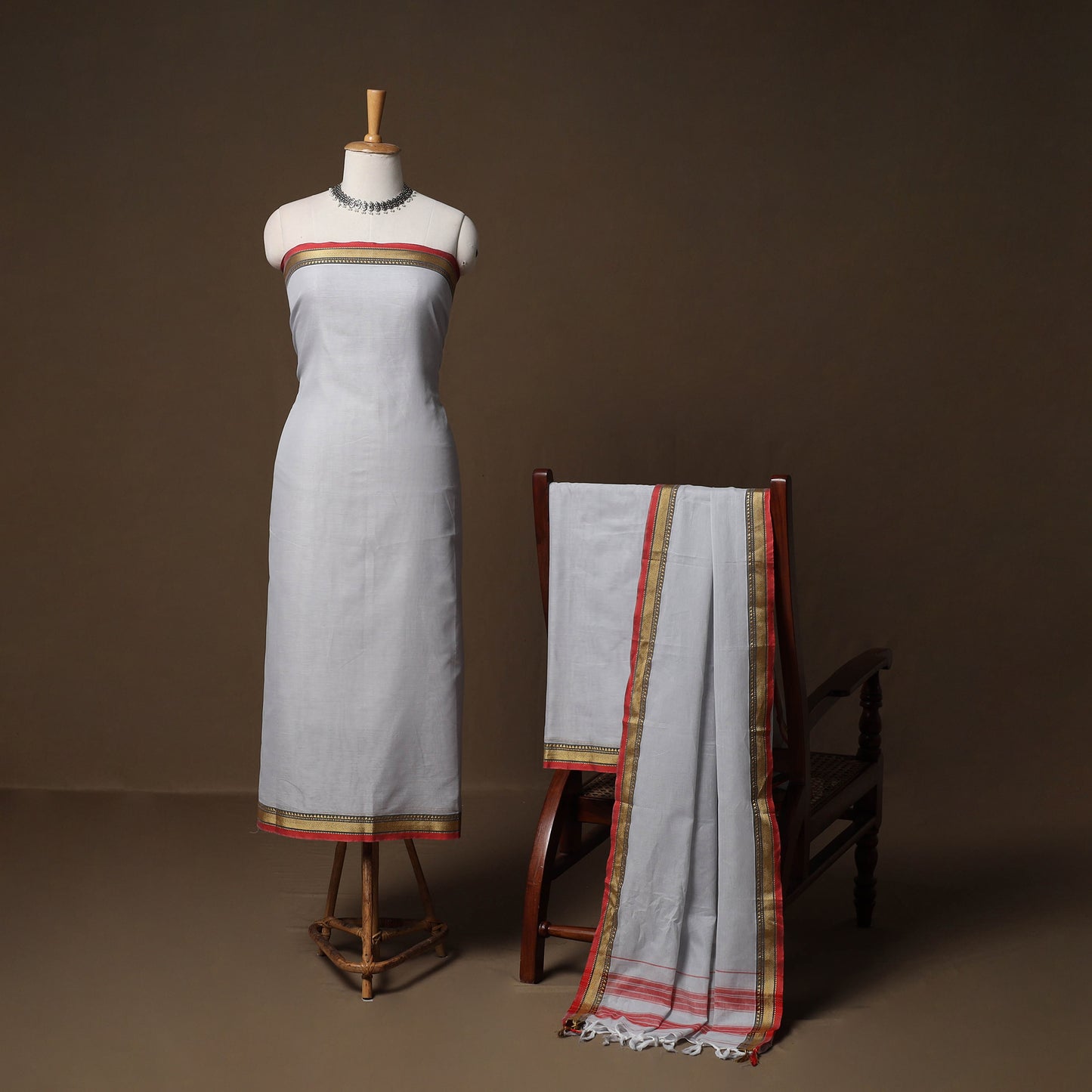 Dharwad Mercerised Cotton 3pc Unstitched Dress Material Suit Set with Woven Border 02