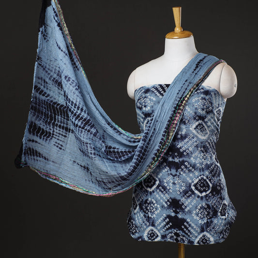 Blue - 3pc Kutch Bandhani & Shibori Tie-Dye Satin Cotton Suit Material Set
