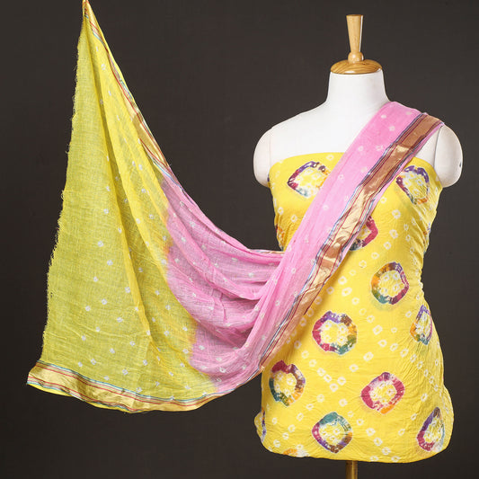 Yellow - 3pc Kutch Bandhani Tie-Dye Cotton Suit Material Set