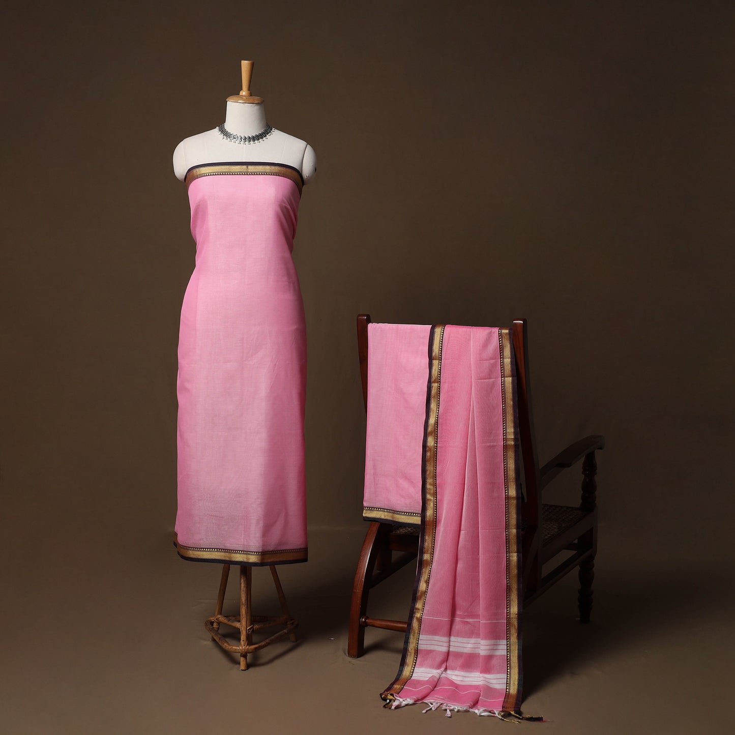 Dharwad Mercerised Cotton 3pc Unstitched Dress Material Suit Set with Woven Border 05