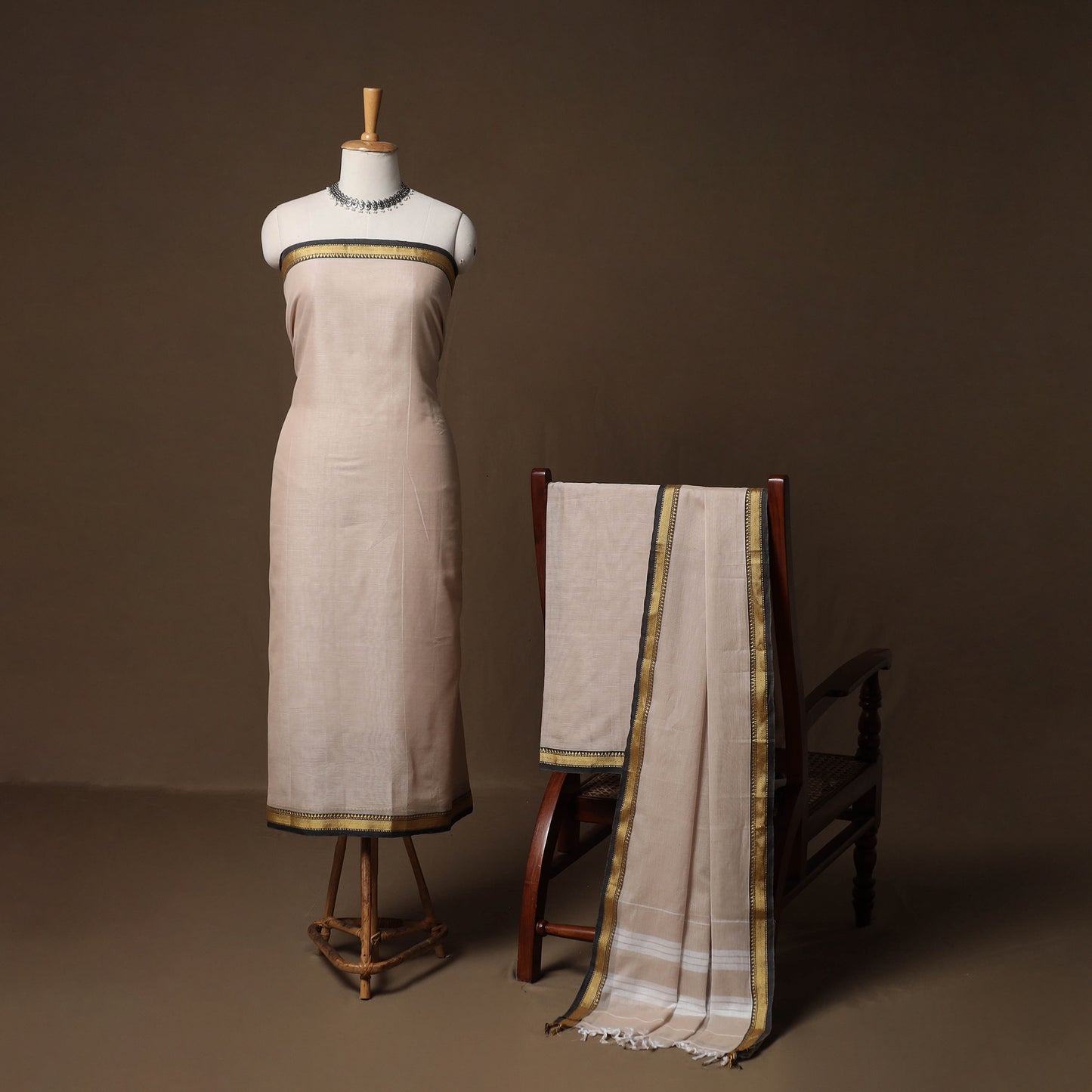Dharwad Mercerised Cotton 3pc Unstitched Dress Material Suit Set with Woven Border 06