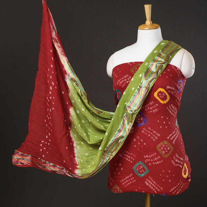 Red - 3pc Embroidered Unstitched Kutch Bandhani Dress Material 35