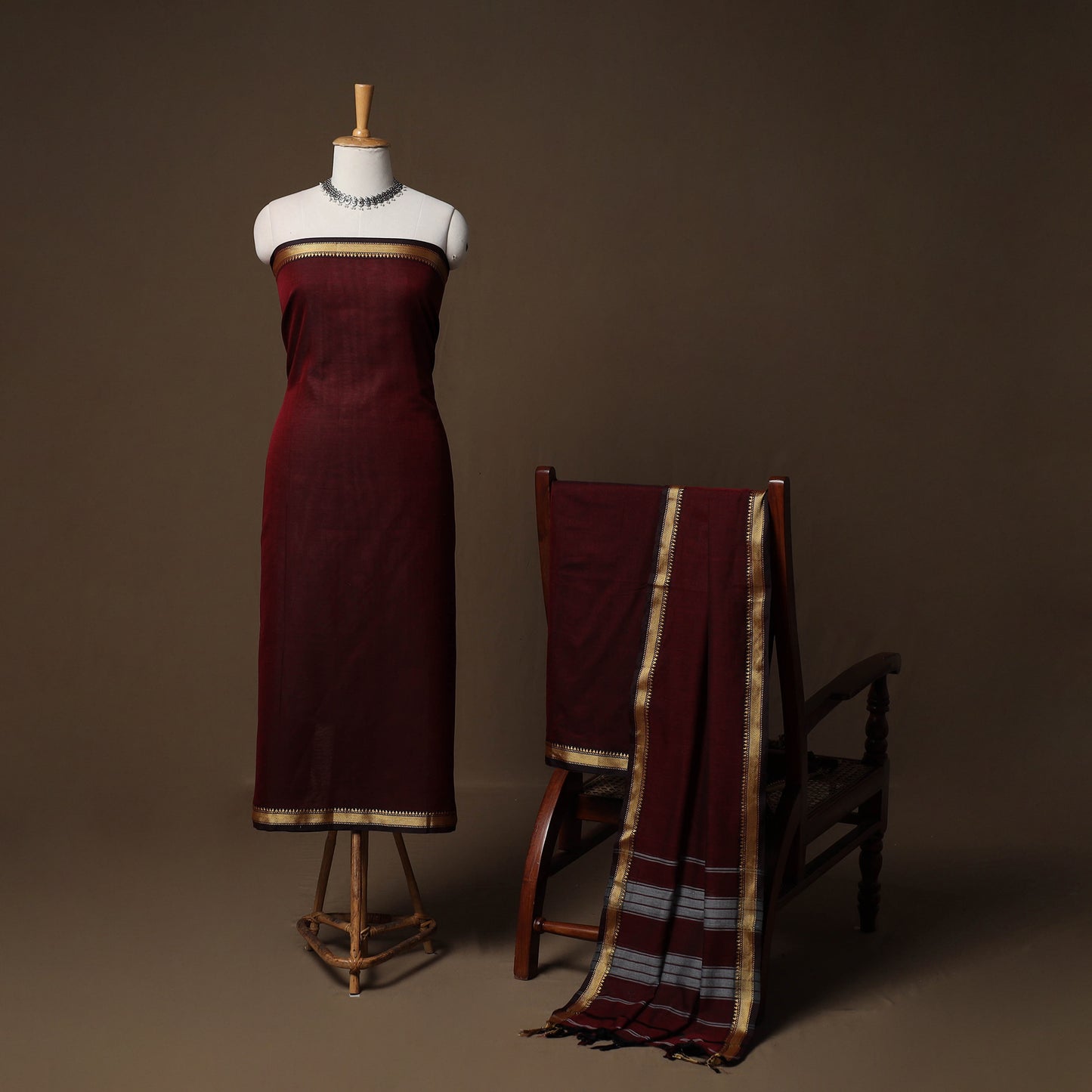 Dharwad Mercerised Cotton 3pc Unstitched Dress Material Suit Set with Woven Border 10