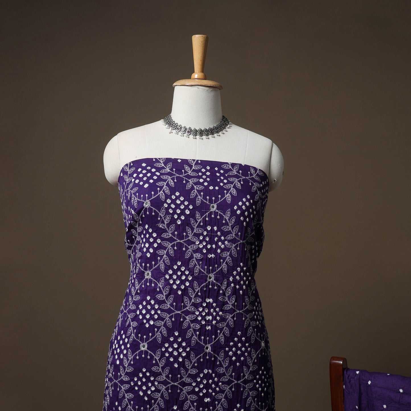 Kutch Bandhani Mirror Work Satin Cotton Unstitched Dress Material: Kurta, Bottom & Dupatta 45