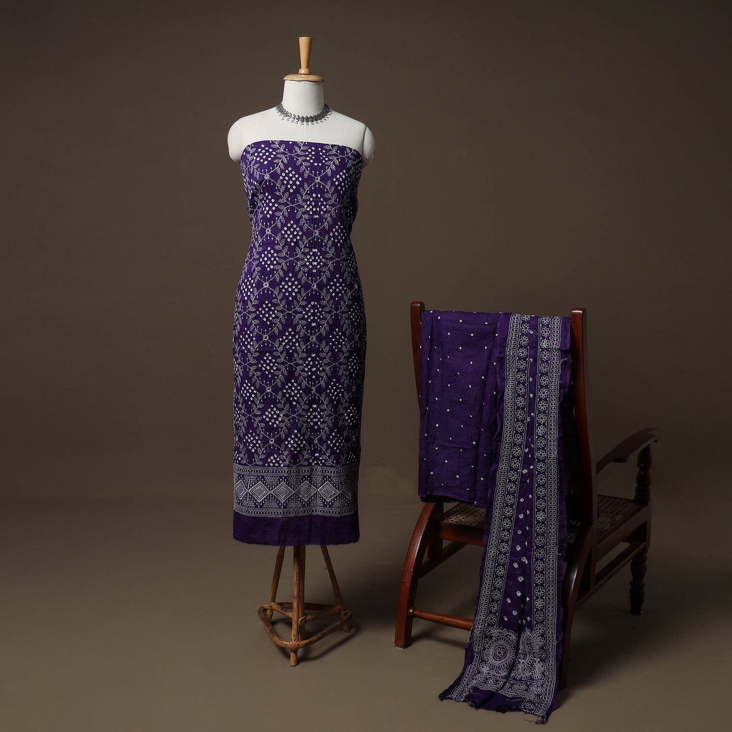 Kutch Bandhani Mirror Work Satin Cotton Unstitched Dress Material: Kurta, Bottom & Dupatta 45