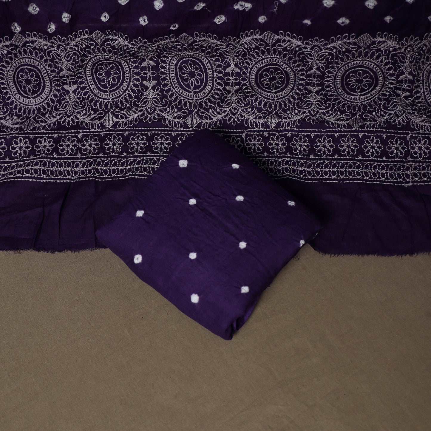 Kutch Bandhani Mirror Work Satin Cotton Unstitched Dress Material: Kurta, Bottom & Dupatta 45