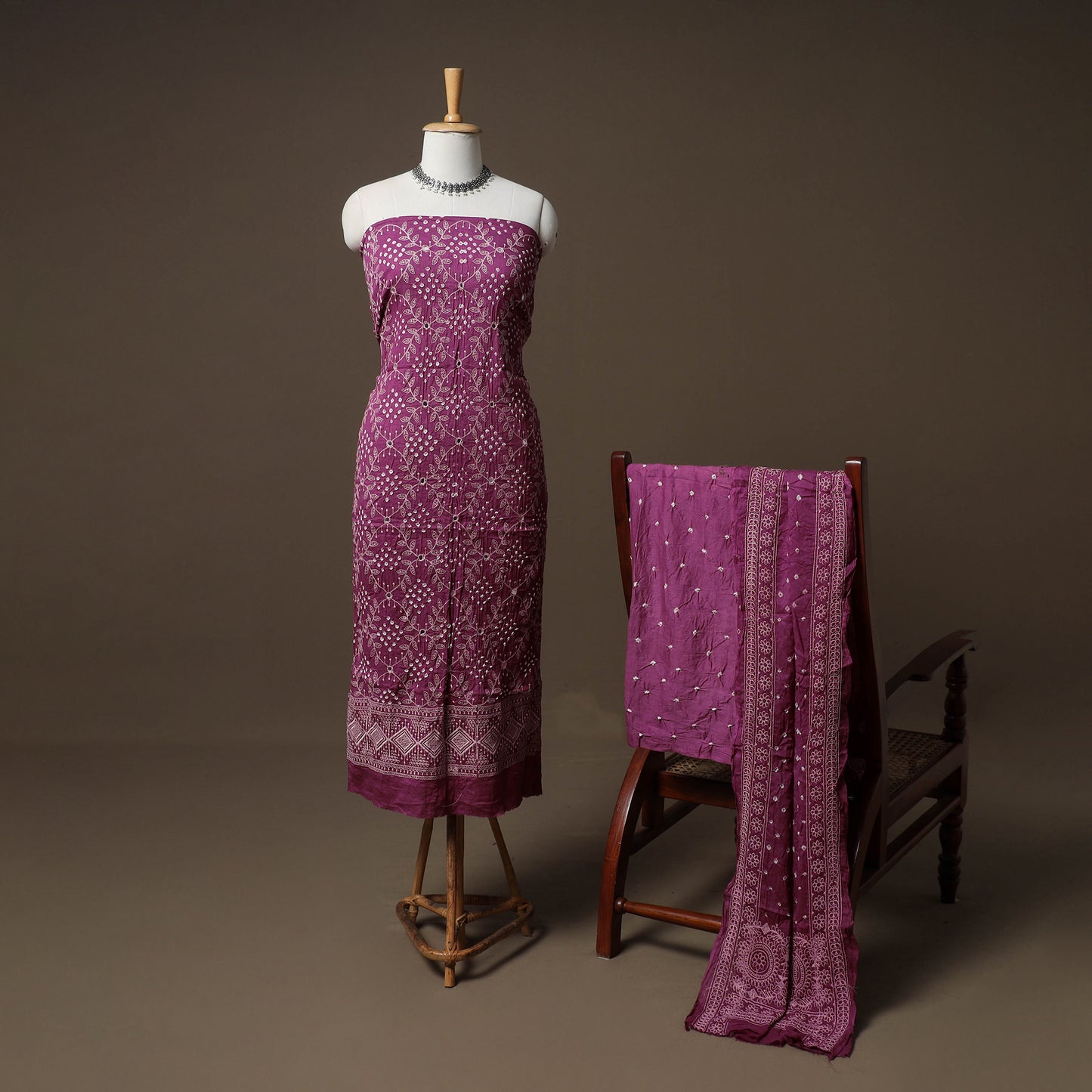 Kutch Bandhani Mirror Work Satin Cotton Unstitched Dress Material: Kurta, Bottom & Dupatta 46