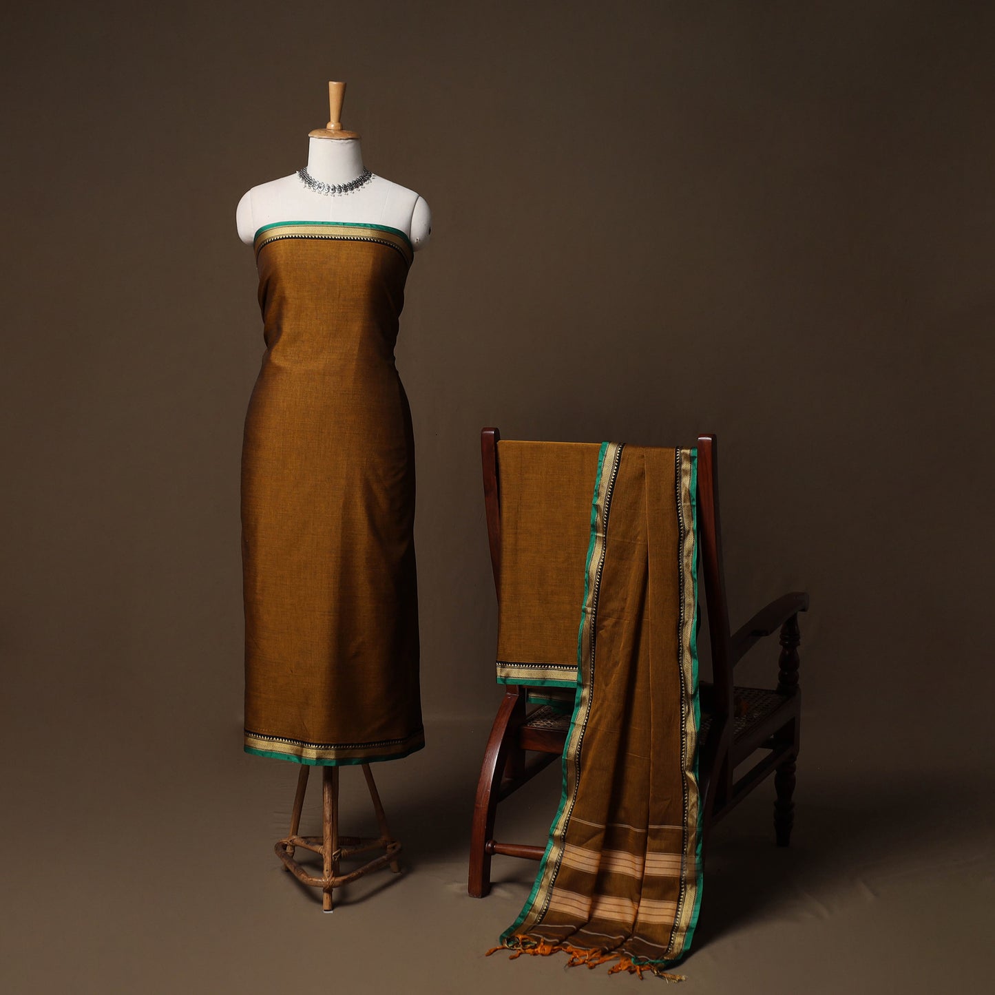 Dharwad Mercerised Cotton 3pc Unstitched Dress Material Suit Set with Woven Border 12