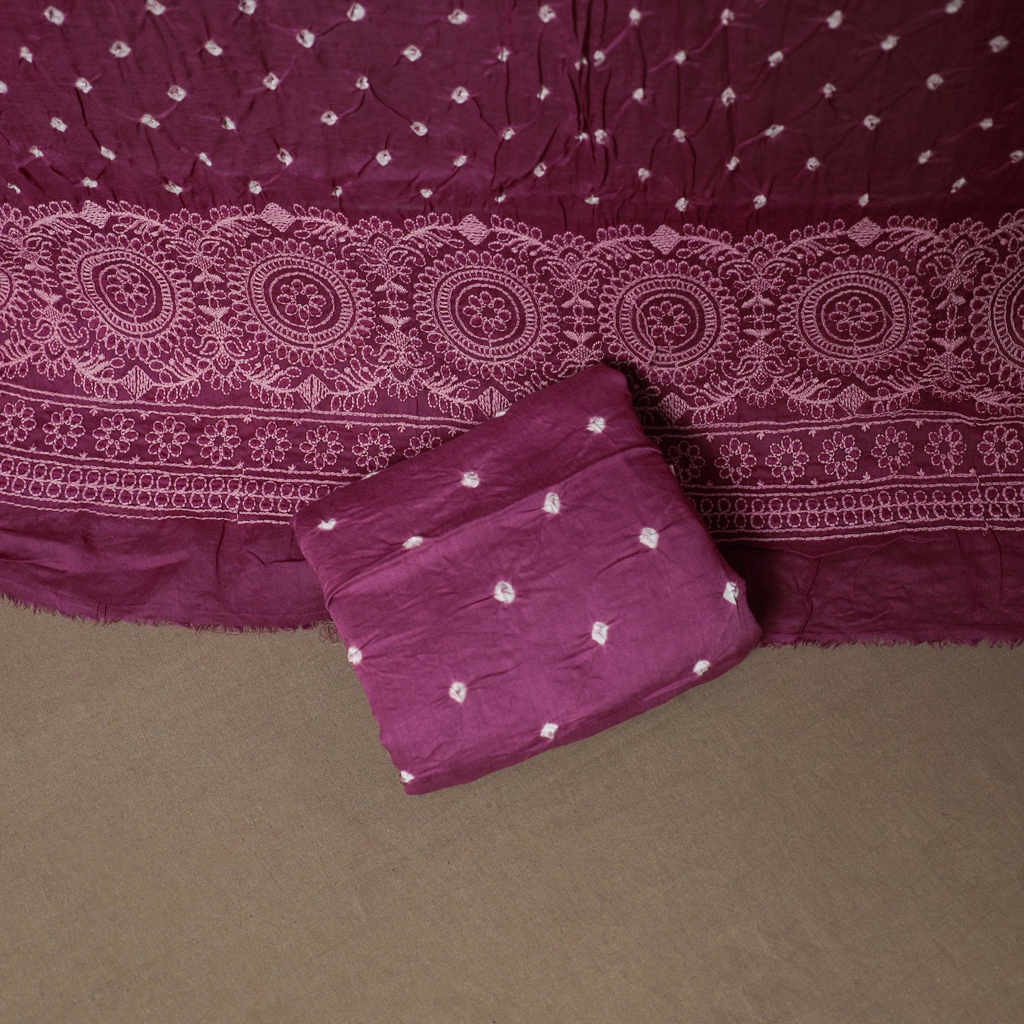 Kutch Bandhani Mirror Work Satin Cotton Unstitched Dress Material: Kurta, Bottom & Dupatta 46