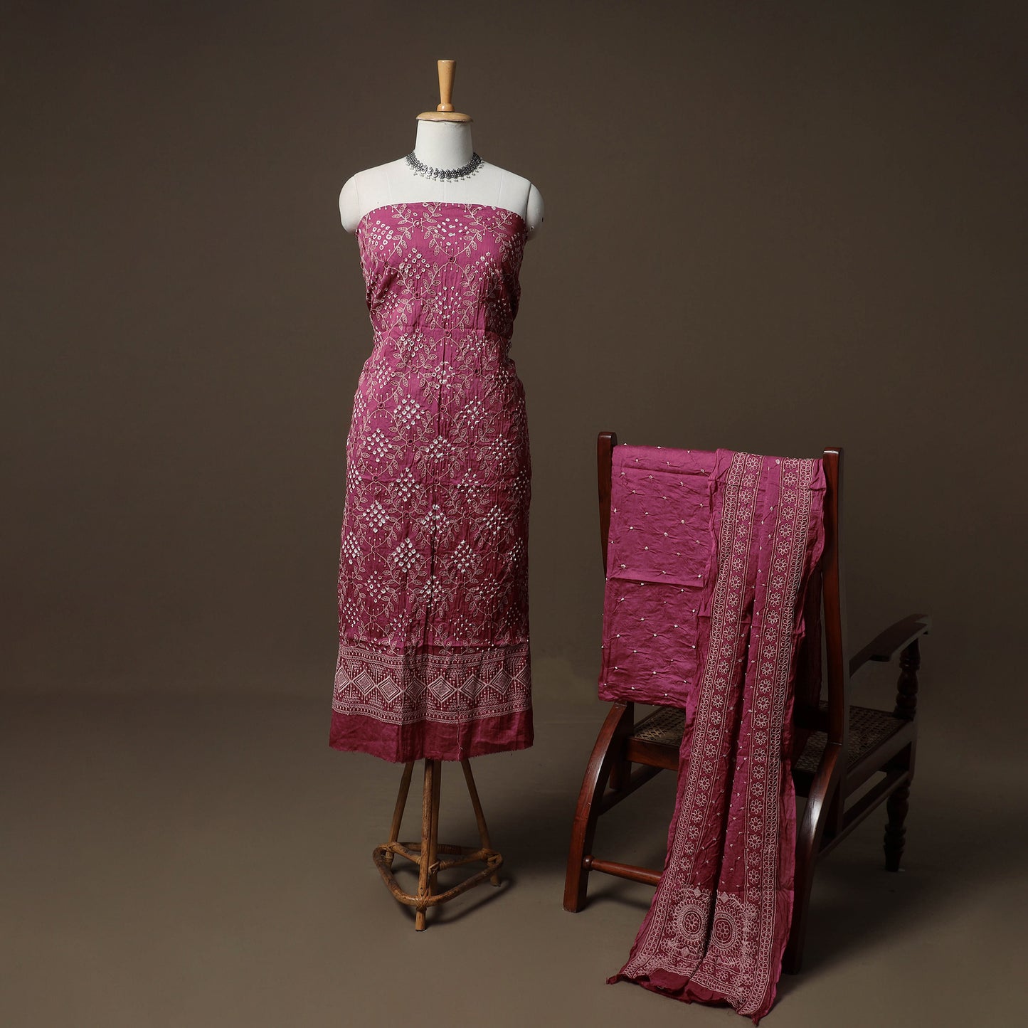 Kutch Bandhani Mirror Work Satin Cotton Unstitched Dress Material: Kurta, Bottom & Dupatta 47