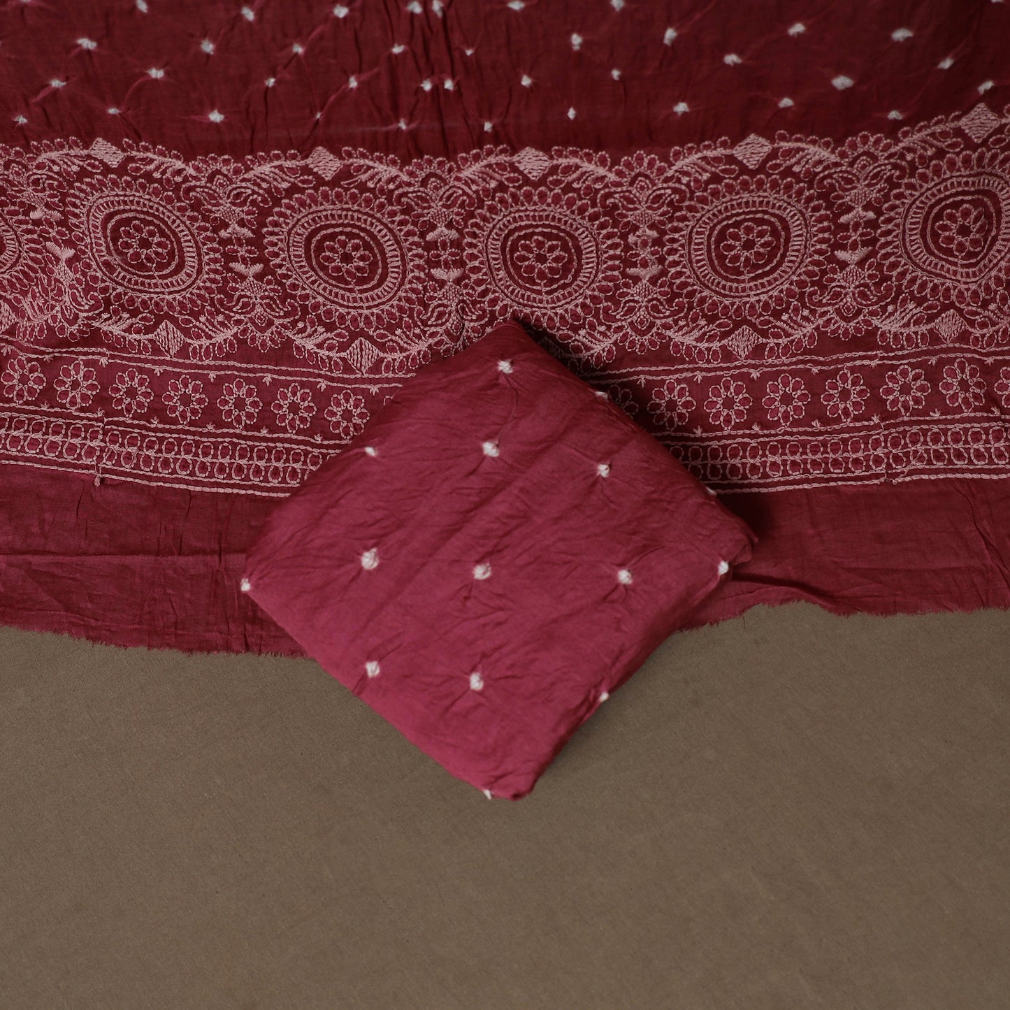 Kutch Bandhani Mirror Work Satin Cotton Unstitched Dress Material: Kurta, Bottom & Dupatta 47