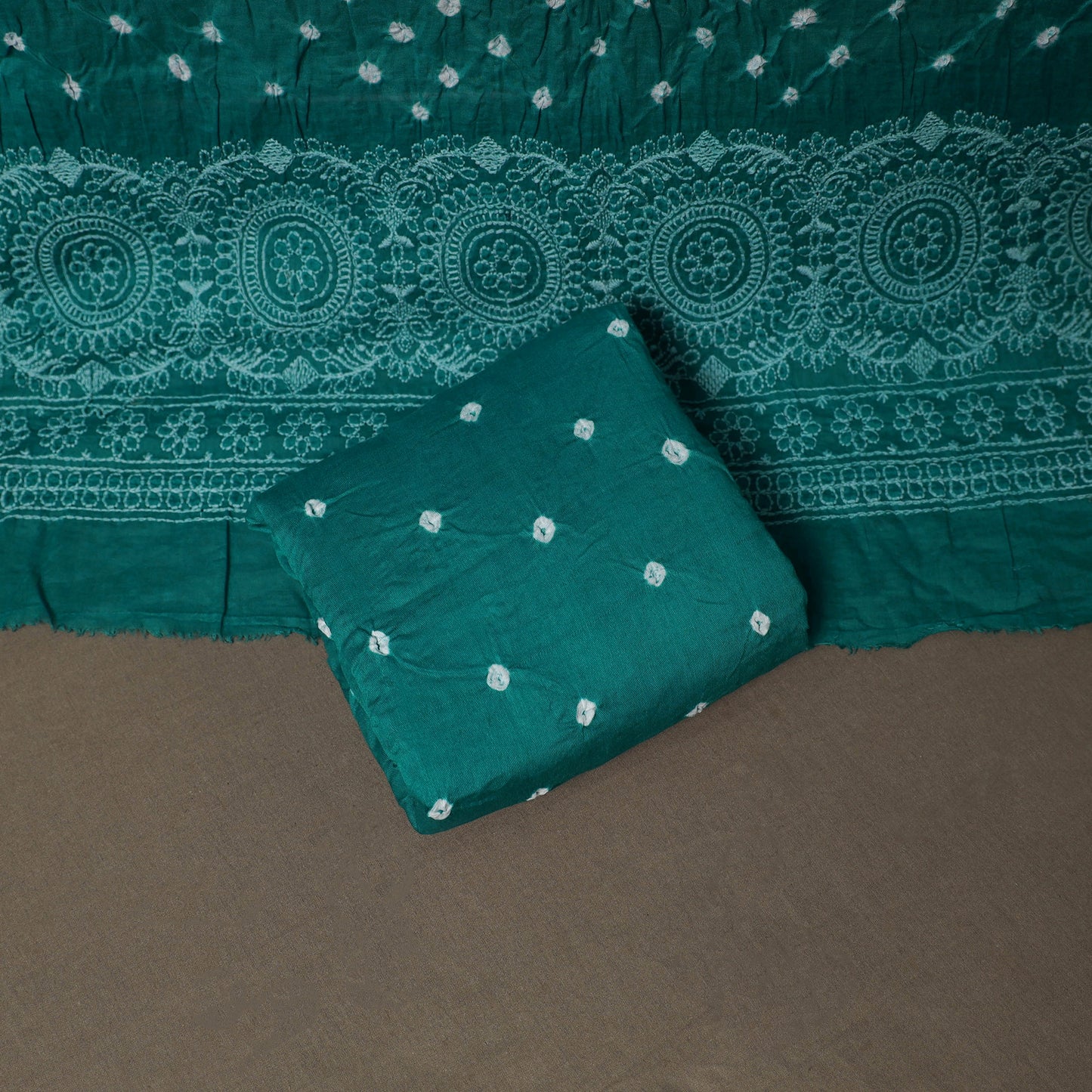 Kutch Bandhani Mirror Work Satin Cotton Unstitched Dress Material: Kurta, Bottom & Dupatta 48