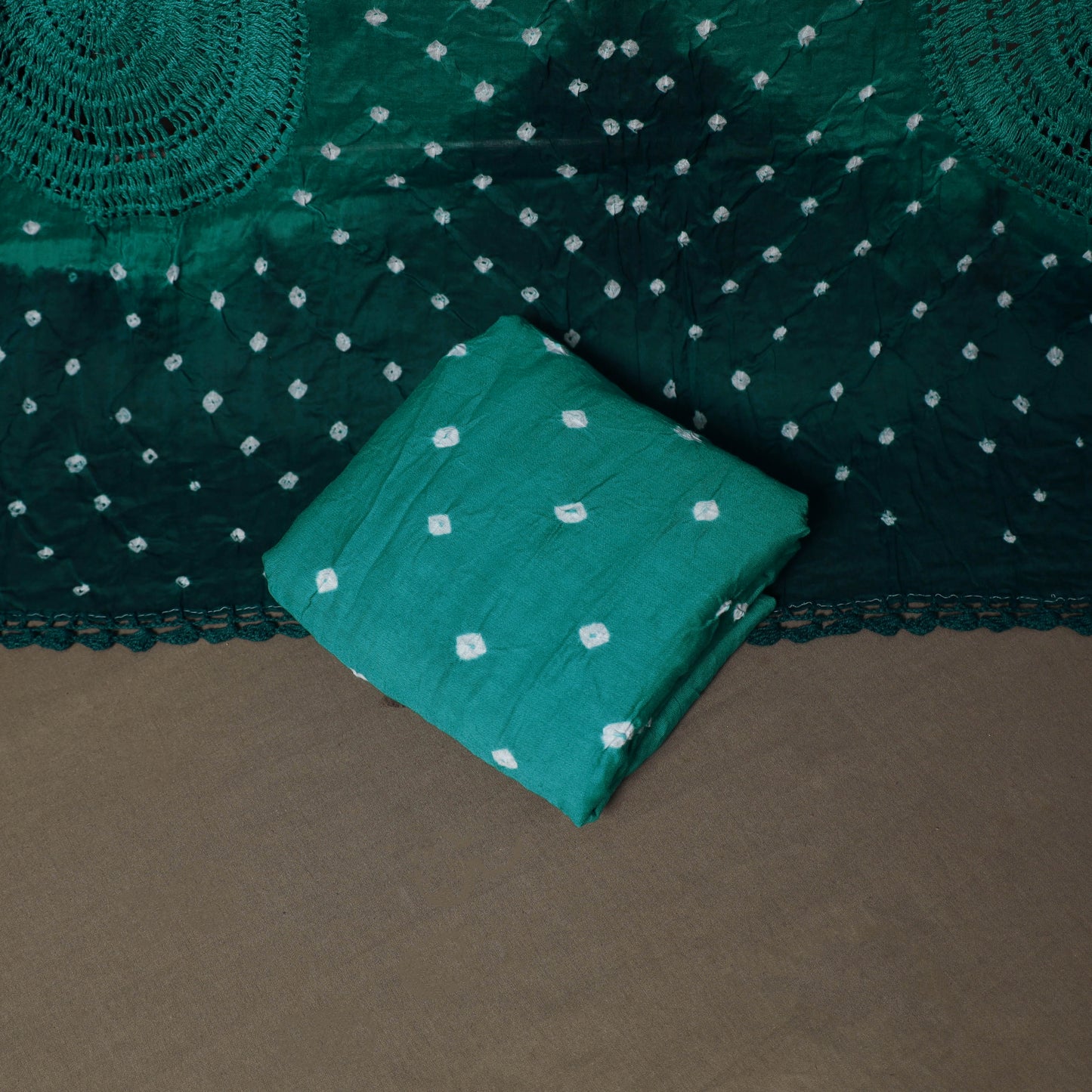 Kutch Bandhani Cotton Unstitched Dress Material: Kurta, Bottom & Crosia Work Dupatta 49