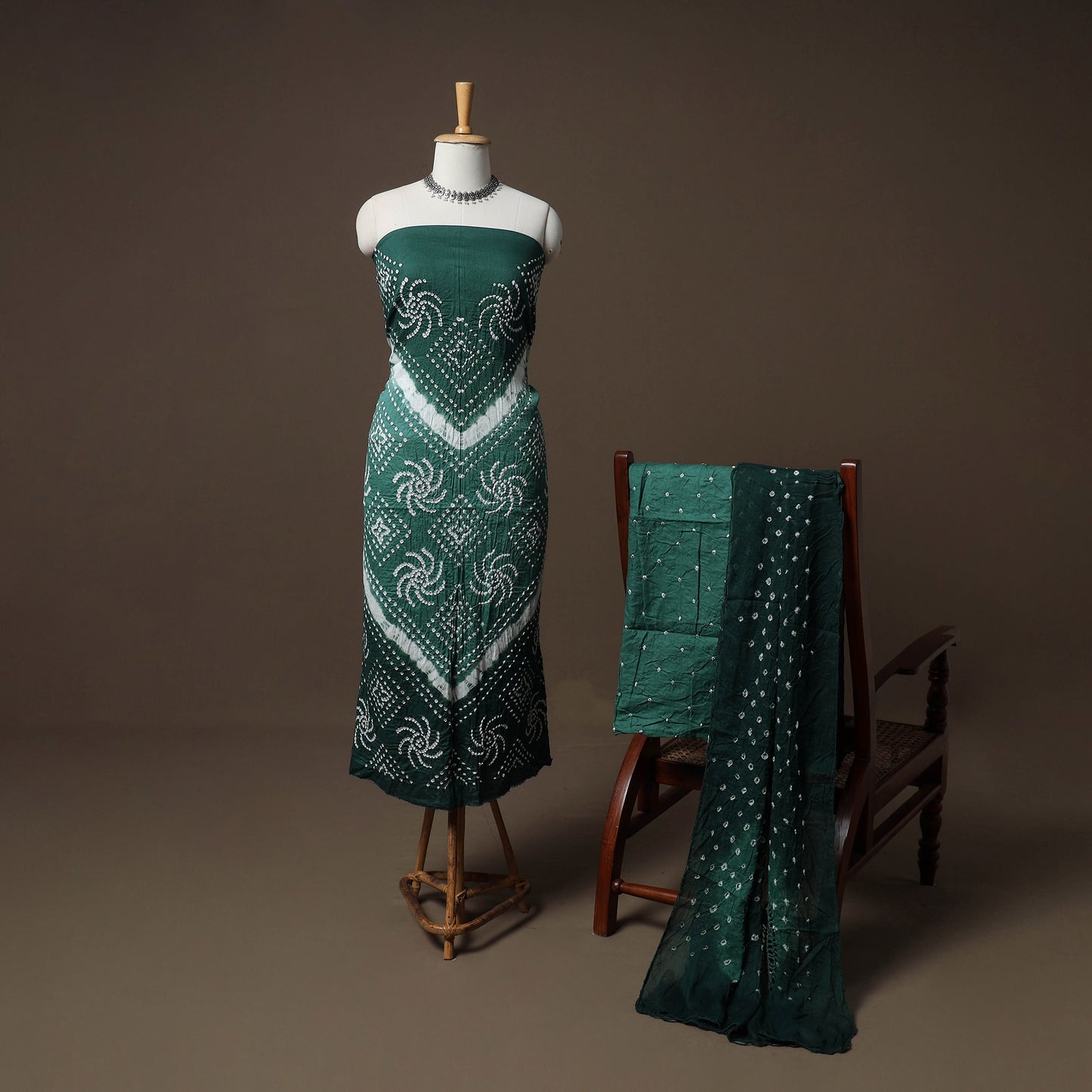 Kutch Bandhani Cotton Unstitched Dress Material: Kurta, Bottom & Crosia Work Dupatta 50