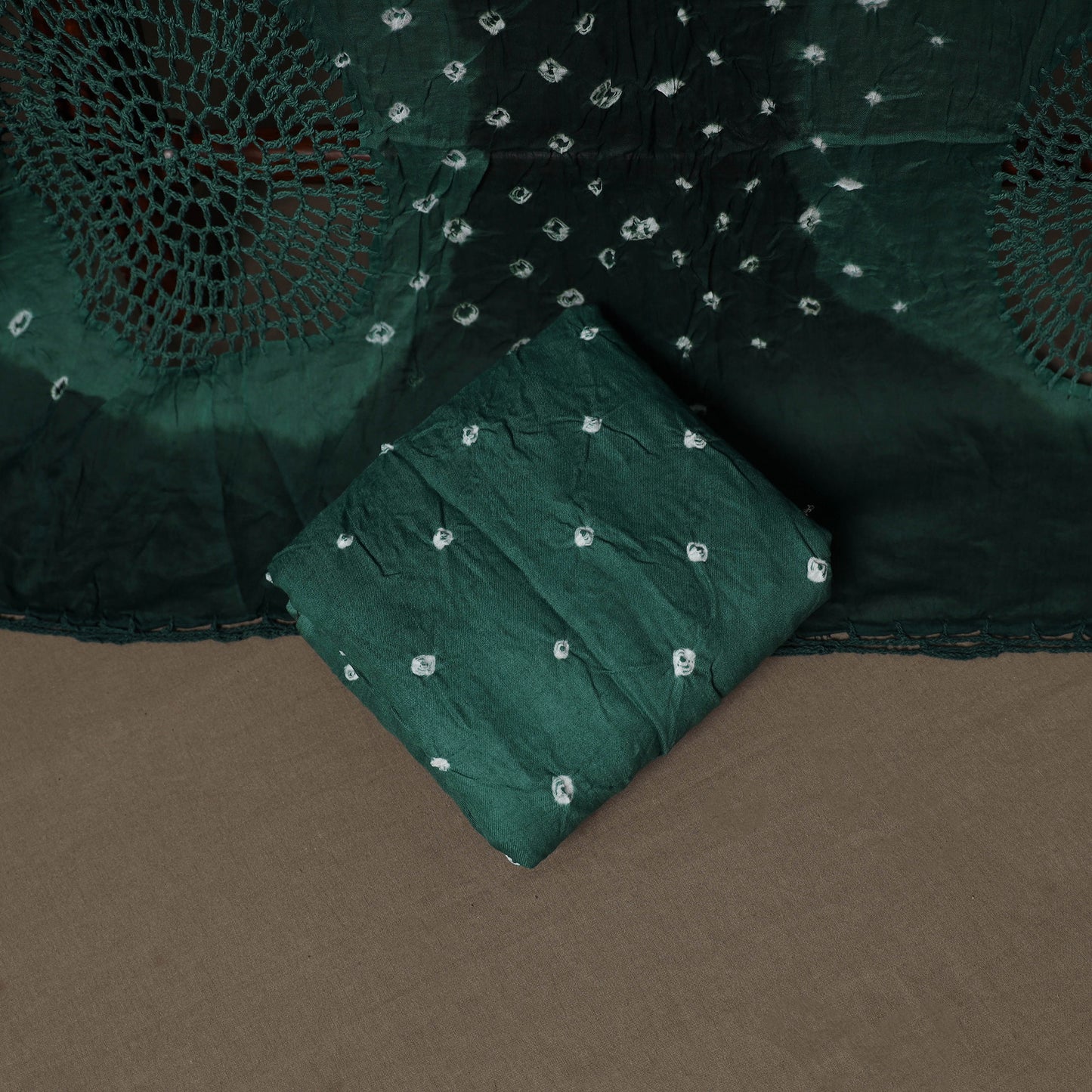 Kutch Bandhani Cotton Unstitched Dress Material: Kurta, Bottom & Crosia Work Dupatta 50