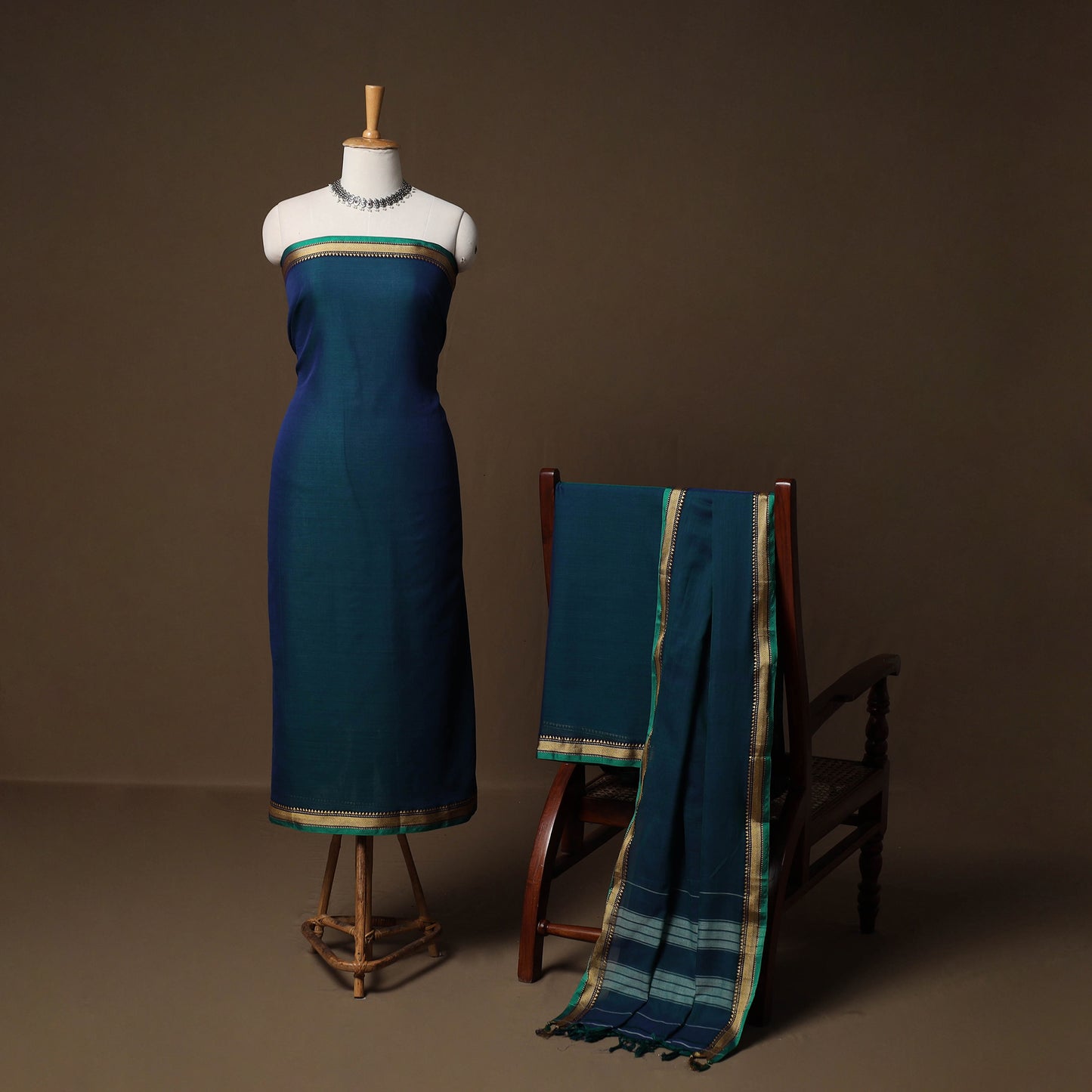 Dharwad Mercerised Cotton 3pc Unstitched Dress Material Suit Set with Woven Border 17